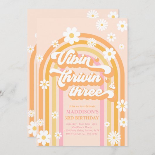 Vibin' Thrivin' Three Boho Daisy Rainbow Birthday Kaart (Voorkant / Achterkant)