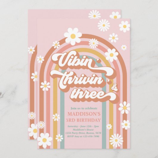 Vibin' Thrivin' Three Boho Daisy Rainbow Birthday Kaart (Voorkant / Achterkant)