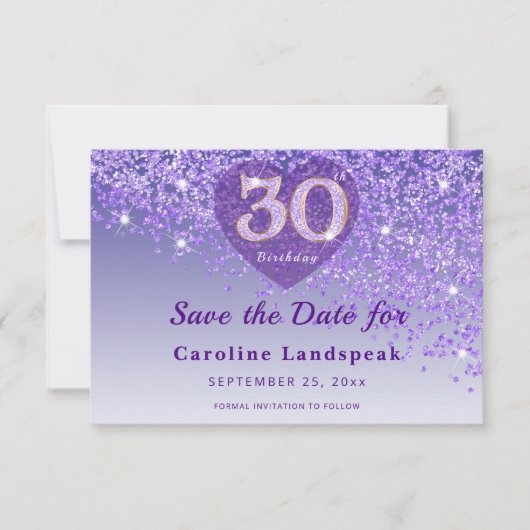Vibrant 30th Birthday Purple Glitter Frosted Heart Save The Date (Voorkant)