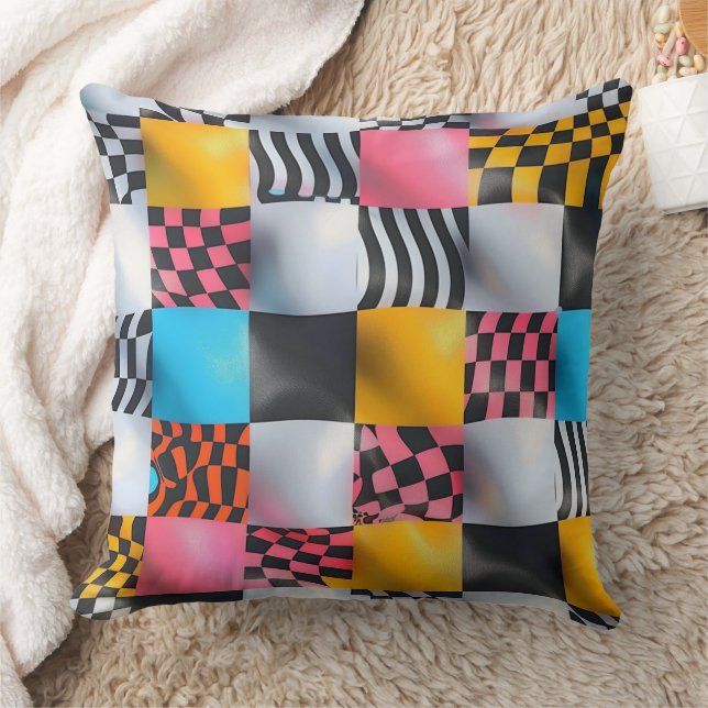 Vibrant 3D Checkerboard – Playful Retro Pop Kussen (Deken)