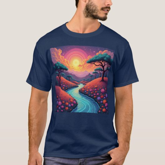 Vibrant 70s dreamscape blending nature and groovy  t-shirt (Voorkant)