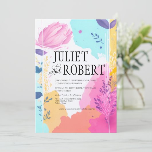 Vibrant Abstract Floral Foliage Spring Wedding Kaart (Staand voorkant)