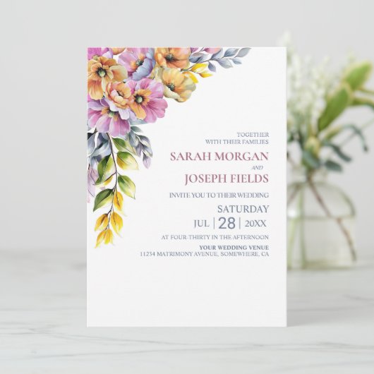 Vibrant All in One Pink and Orange Floral Wedding  Kaart (Staand voorkant)