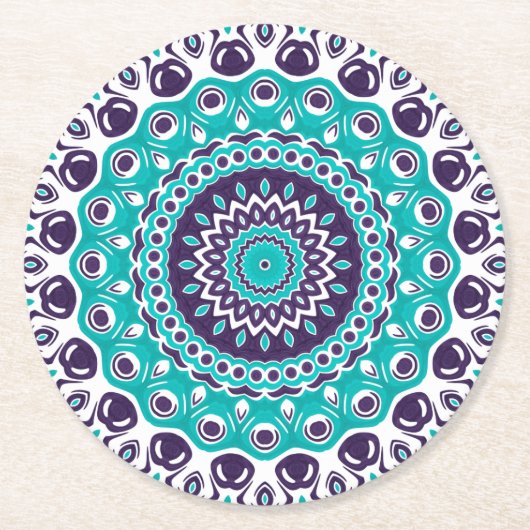 Vibrant Aqua and Plum Mandala Pattern Ronde Kartonnen Onderzetter (Voorkant)