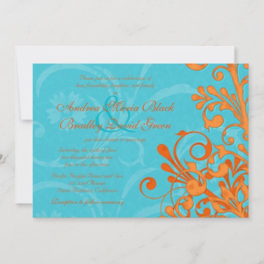 Vibrant Aqua en Oranje Floral Wedding Invitation Kaart (Voorkant)