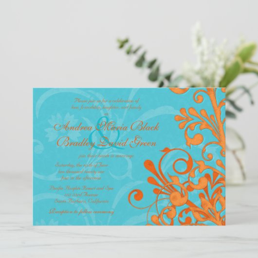 Vibrant Aqua en Oranje Floral Wedding Invitation Kaart (Staand voorkant)
