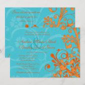 Vibrant Aqua en Oranje Floral Wedding Invitation Kaart (Voorkant / Achterkant)