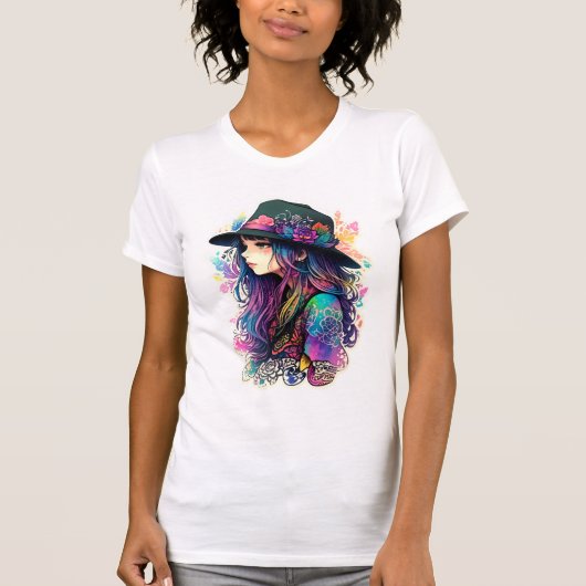 Vibrant Artistic Girl in Wide-Brimmed Hat - Women’ T-shirt (Voorkant)