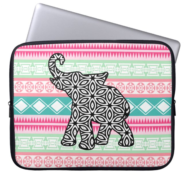 Vibrant  Aztec Patroon Elephant Laptop Hoesje Laptop Sleeve (Voorkant)