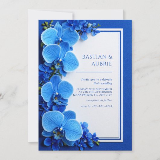 Vibrant Azure Blue Botanical Orchid Wedding Kaart (Voorkant)