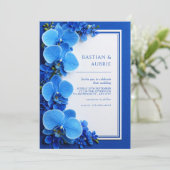 Vibrant Azure Blue Botanical Orchid Wedding Kaart (Staand voorkant)