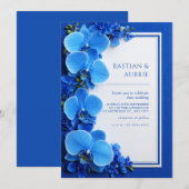 Vibrant Azure Blue Botanical Orchid Wedding Kaart (Voorkant / Achterkant)