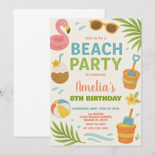 Vibrant Beach Verjaardag Uitnodiging & Decor voor  (Voorkant / Achterkant)