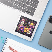 Vibrant Black Floral Verjaardag Sticker (Laptop met iPhone)