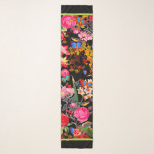 Vibrant Black Roos Garden Chiffon Scarf