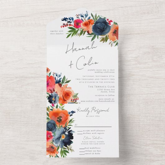 Vibrant Blauw Oranje Rood Botanisch All In One Uitnodiging (Binnen)