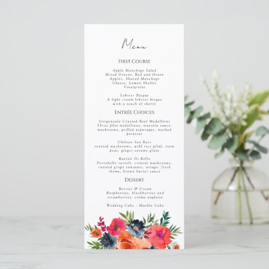 Vibrant Blauw Oranje Rood Botanisch Menu (Staand voorkant)