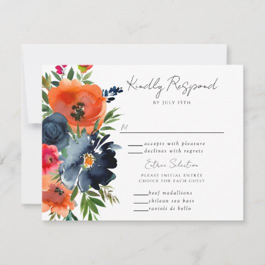 Vibrant Blauw Oranje Rood Botanisch RSVP Kaartje (Voorkant)