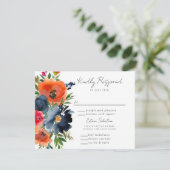 Vibrant Blauw Oranje Rood Botanisch RSVP Kaartje (Staand voorkant)