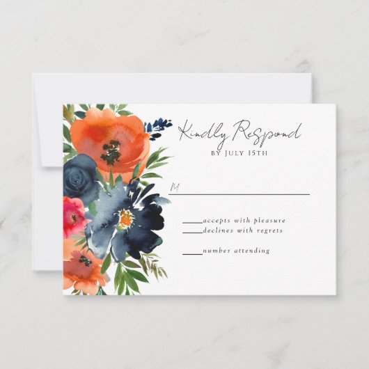 Vibrant Blauw Oranje Rood Botanisch RSVP Kaartje (Voorkant)