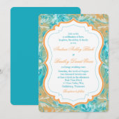 Vibrant Blauwgroen en Oranje Floral Weddenschap Kaart (Voorkant / Achterkant)