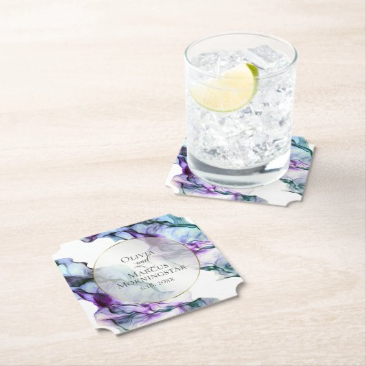 Vibrant Blauwgroen Paarse Abstracte Waterverf Ink Kartonnen Onderzetters (Insitu)