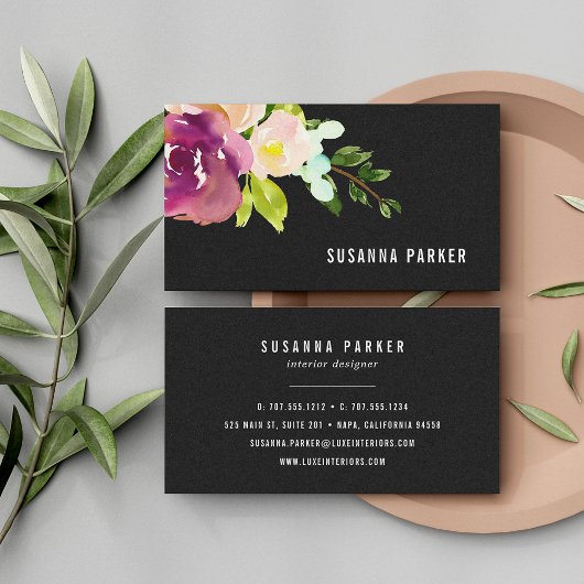 Vibrant Bloom | Waterverf Floral Black Visitekaartje
