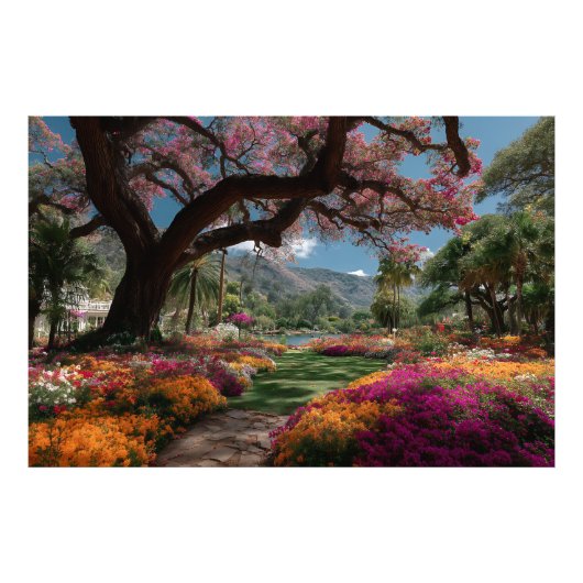Vibrant Blossom Tree Garden Paradise View Foto Afdruk (Voorkant)