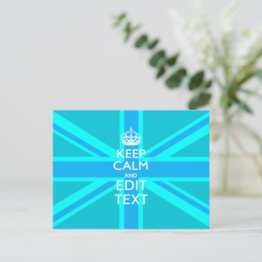 Vibrant Blue Aqua Keep Calm Jouw tekst Union Jack Briefkaart (Staand voorkant)