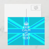 Vibrant Blue Aqua Keep Calm Jouw tekst Union Jack Briefkaart (Voorkant / Achterkant)
