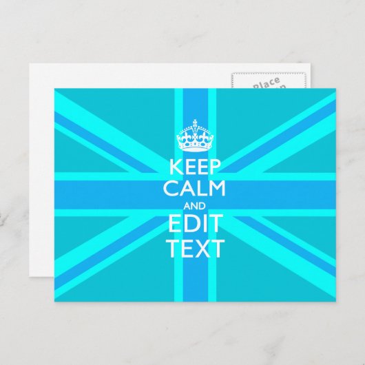 Vibrant Blue Aqua Keep Calm Jouw tekst Union Jack Briefkaart (Voorkant / Achterkant)
