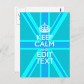 Vibrant Blue Aqua Keep Calm Jouw tekst Union Jack Briefkaart (Voorkant / Achterkant)