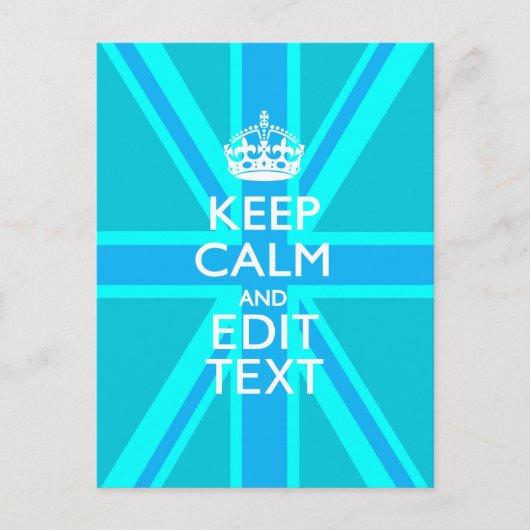Vibrant Blue Aqua Keep Calm Jouw tekst Union Jack Briefkaart (Voorkant)
