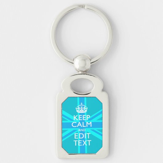 Vibrant Blue Aqua Keep Calm Jouw tekst Union Jack Sleutelhanger (Voorkant)