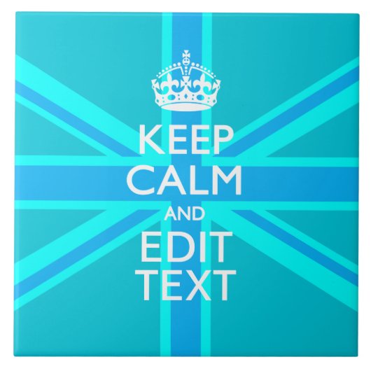 Vibrant Blue Aqua Keep Calm Jouw tekst Union Jack Tegeltje (Voorkant)