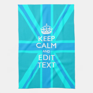 Vibrant Blue Aqua Keep Calm Jouw tekst Union Jack Theedoek