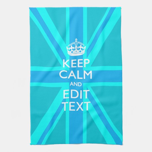 Vibrant Blue Aqua Keep Calm Jouw tekst Union Jack Theedoek (Verticaal)