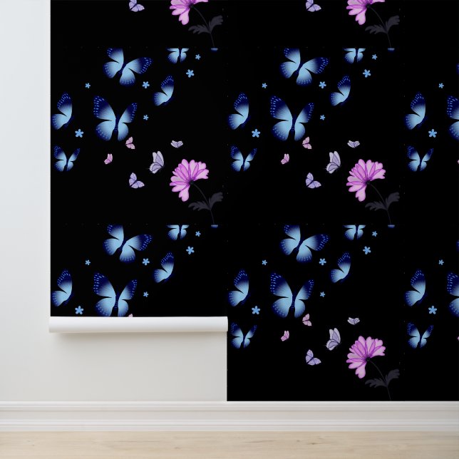 Vibrant Blue Butterfly Midnight Textured Vinyl Behang (Applicatie)
