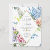 Vibrant Blue en Paarse Waterverf Floral Wedding Kaart (Voorkant)