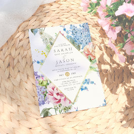 Vibrant Blue en Paarse Waterverf Floral Wedding Kaart