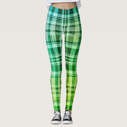 Vibrant Blue Green Plaid Gradient Pattern Leggings (Voorkant)