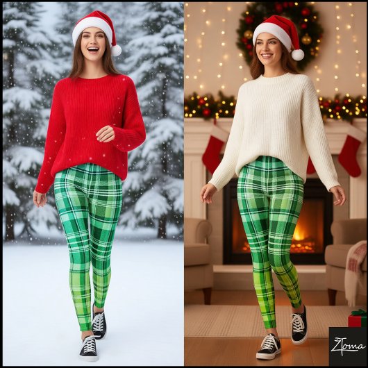 Vibrant Blue Green Plaid Gradient Pattern Leggings