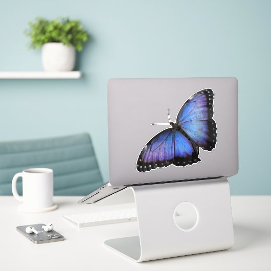 Vibrant Blue Morpho Butterfly Sticker - Custom Cut (Laptop op bureau)