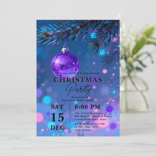 Vibrant Blue Purple Bauble Bokeh Christmas Party Kaart (Staand voorkant)