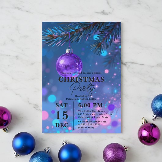 Vibrant Blue Purple Bauble Bokeh Christmas Party Kaart