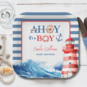 Vibrant Blue Red Coastal Lighthouse Baby Shower Papieren Bordje