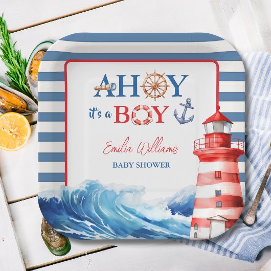 Vibrant Blue Red Coastal Lighthouse Baby Shower Papieren Bordje
