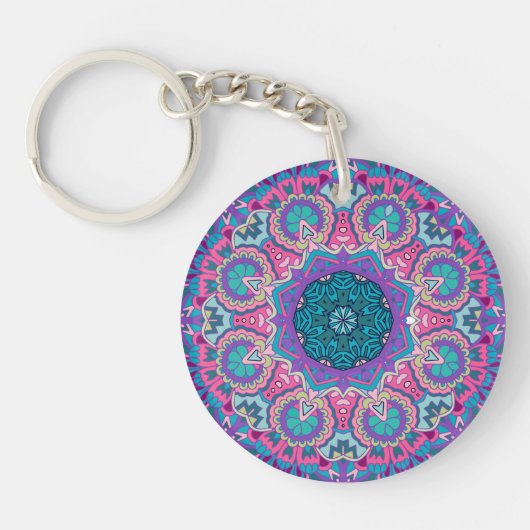 Vibrant Blue Roze Blauwgroen Paars Floral Mandala Sleutelhanger (Voorkant)