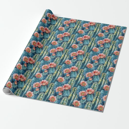 Vibrant Blue Watercolor Cacti Pattern Cadeaupapier (Uitgerold)
