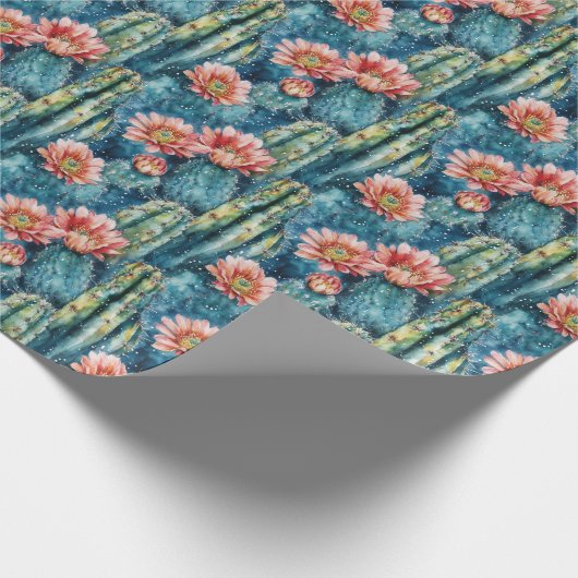 Vibrant Blue Watercolor Cacti Pattern Cadeaupapier (Hoek)